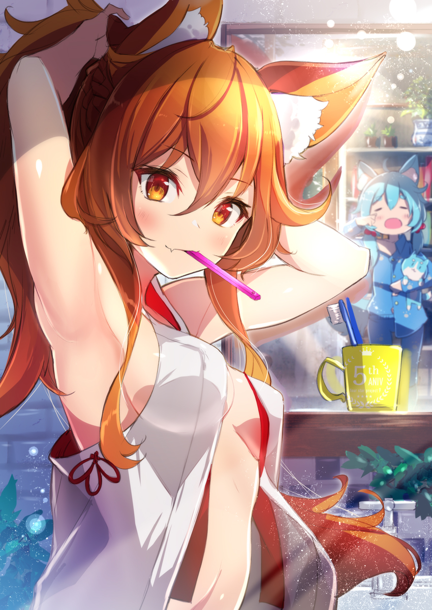 2girls animal_ear_fluff animal_ears armpits arms_up bare_shoulders blue_hair braid breasts character_request closed_eyes commentary_request cup fang fox_ears fuku_kitsune_(fuku_fox) hair_between_eyes highres korin_(shironeko_project) long_hair looking_at_viewer medium_breasts mouth_hold mug multiple_girls open_clothes open_shirt orange_eyes orange_hair ponytail shironeko_project shirt sleeveless sleeveless_shirt smile solo_focus stomach tying_hair upper_body white_shirt