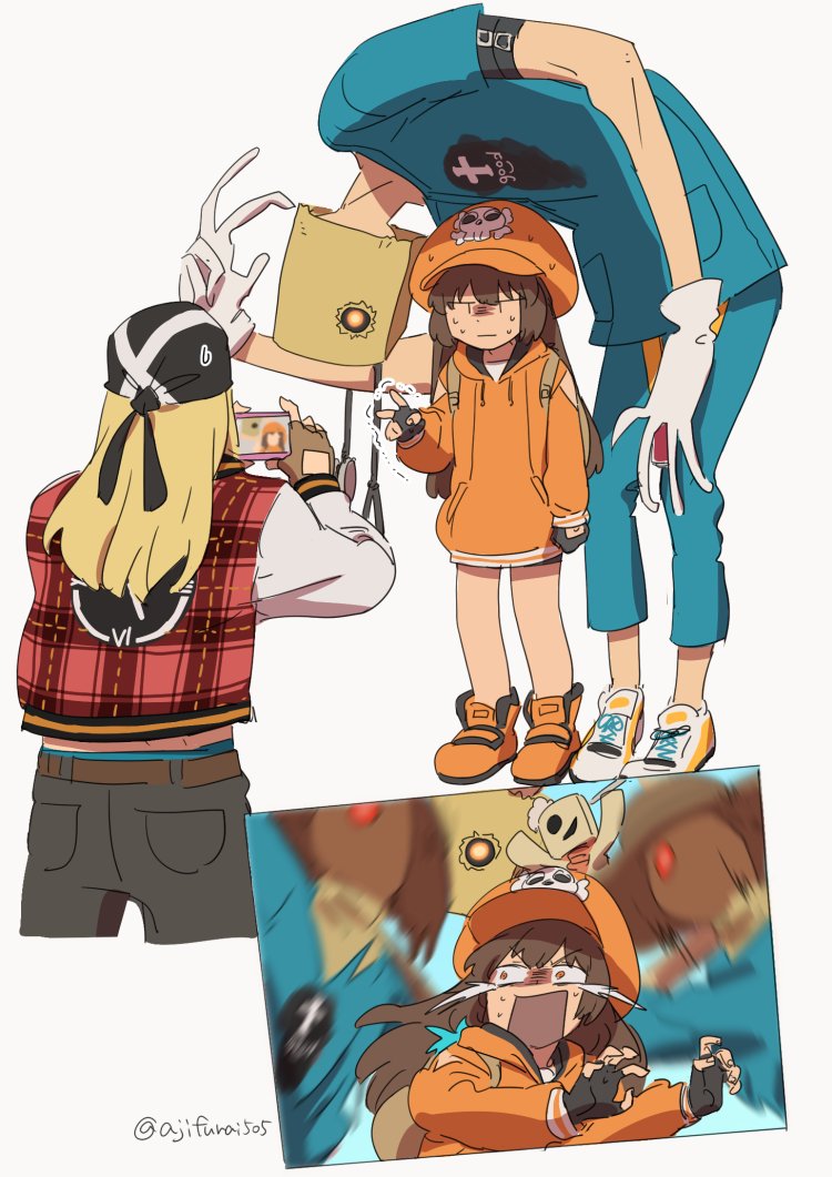 1girl 2boys afterimage asaya_minoru axl_low bag bag_on_head bandana chibi faust_(guilty_gear) gloves guilty_gear guilty_gear_strive height_difference may_(guilty_gear) motion_blur multiple_boys one_eye_covered orange_headwear paper_bag scared taking_picture trembling white_gloves |_|