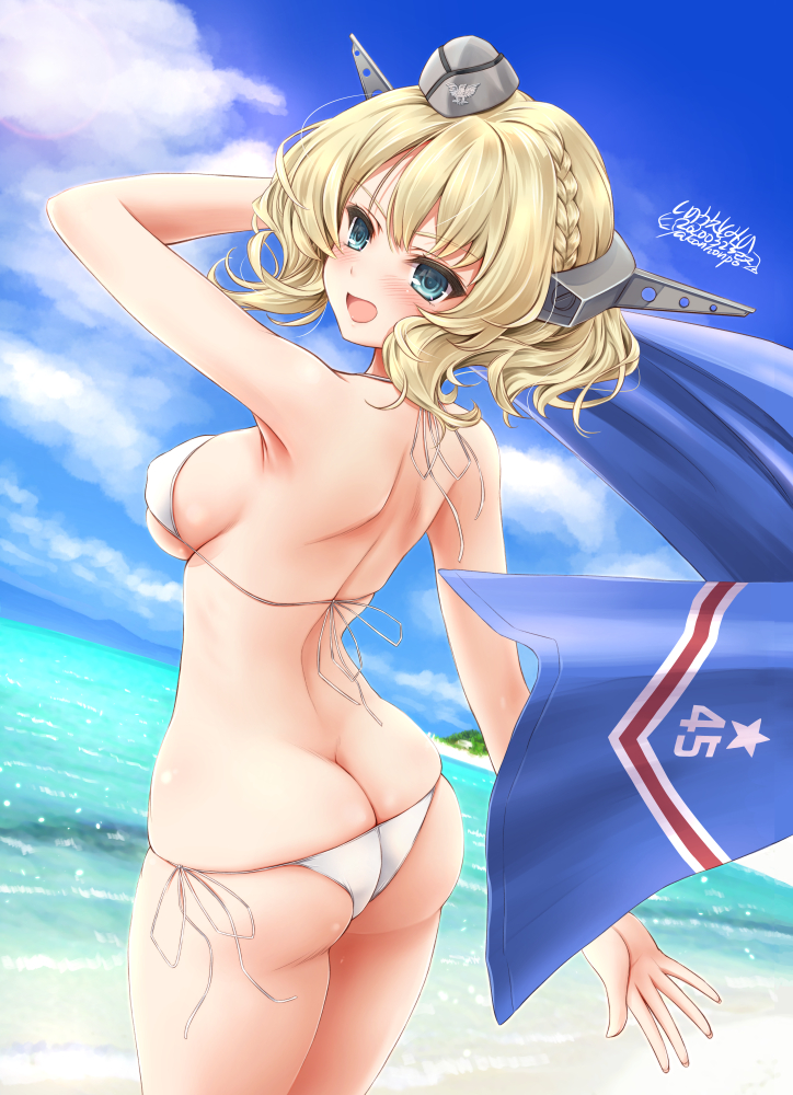 1girl ass beach bikini blonde_hair blue_eyes blue_sky breasts butt_crack clouds colorado_(kantai_collection) commentary_request cowboy_shot dated dutch_angle garrison_cap grey_headwear hat headgear inoue_tomii kantai_collection large_breasts ocean open_mouth short_hair side-tie_bikini side_braids sideboob signature sky swimsuit towel white_bikini