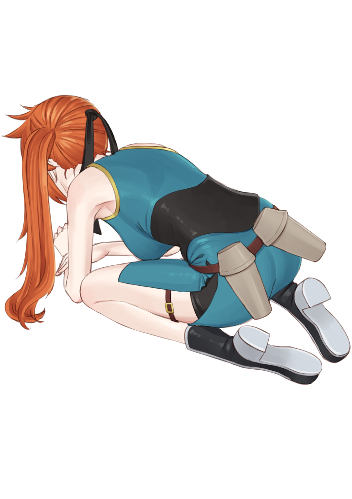 all_fours ass bike_shorts black_footwear boku_no_hero_academia breasts commentary_request easy_(aqk7bdqt) full_body kendou_itsuka large_breasts long_hair orange_hair side_ponytail simple_background solo white_background