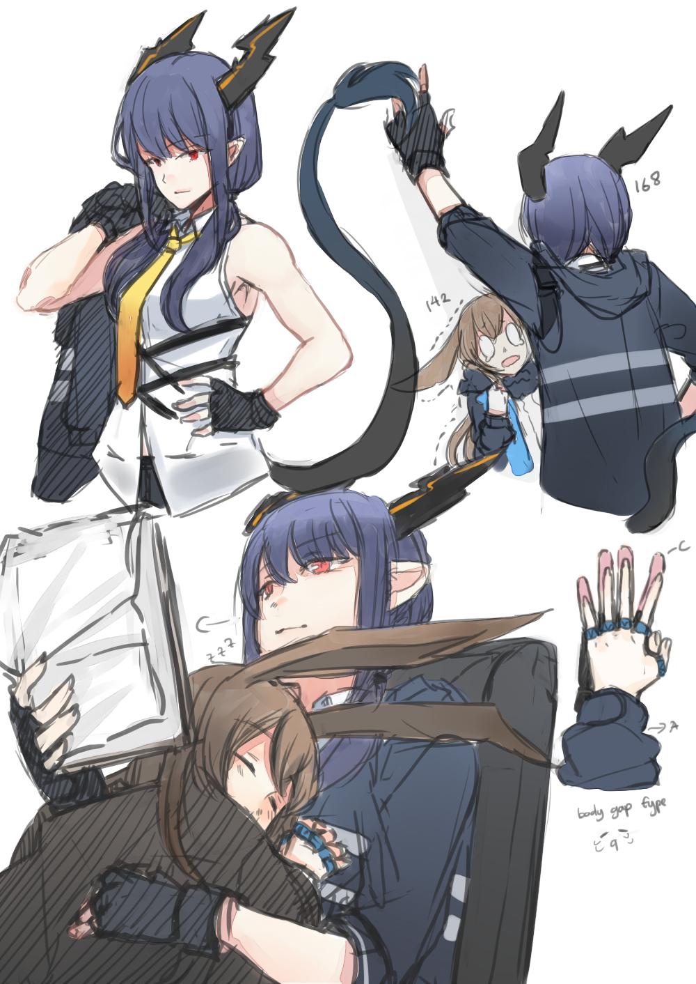 2girls amiya_(arknights) animal_ears arknights blue_hair brown_hair ch'en_(arknights) dragon_horns dragon_tail english_text fingerless_gloves gloves height_difference highres hinagi_(fox_priest) holding_hands horns hug jacket jacket_removed jewelry multiple_girls necktie rabbit_ears ring sleeping sleeping_on_person tail wall_slam yuri