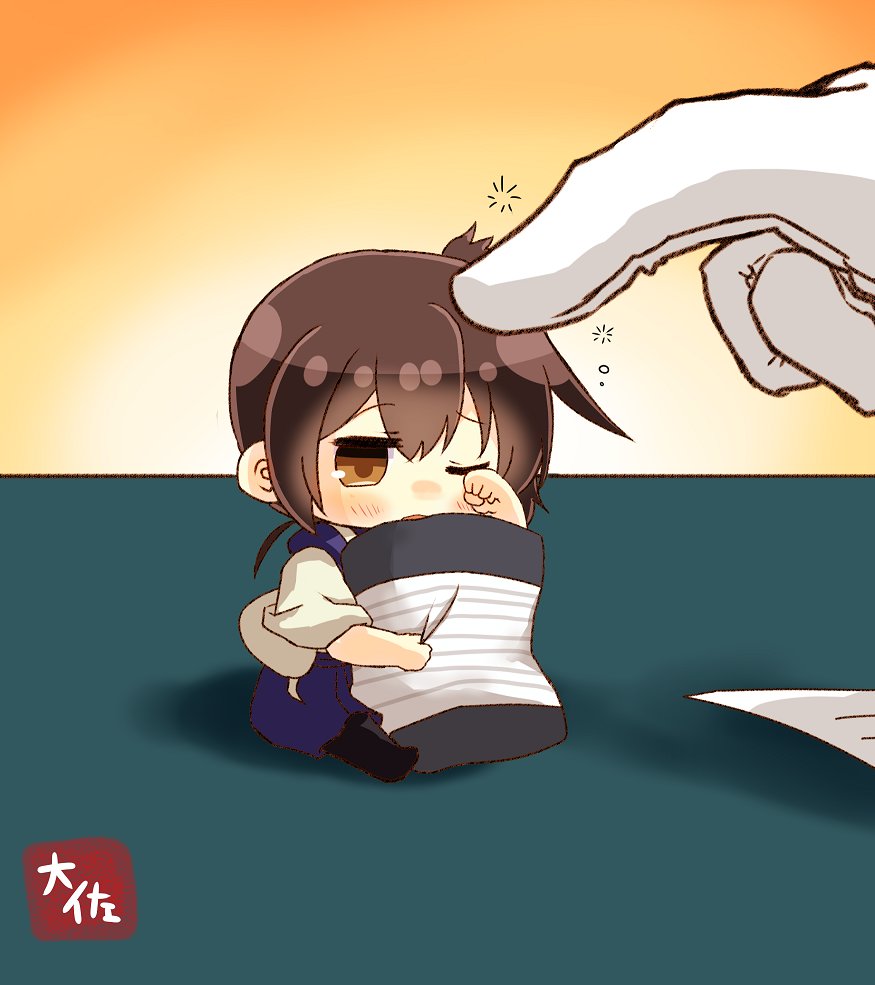 1girl 1other artist_name bangs blue_hakama blush brown_eyes brown_hair chibi commentary_request eyebrows_visible_through_hair gloves hakama hakama_skirt japanese_clothes kaga_(kantai_collection) kantai_collection minigirl one_eye_closed pillow ponytail rubbing_eyes side_ponytail sitting sleepy taisa_(kari) white_gloves