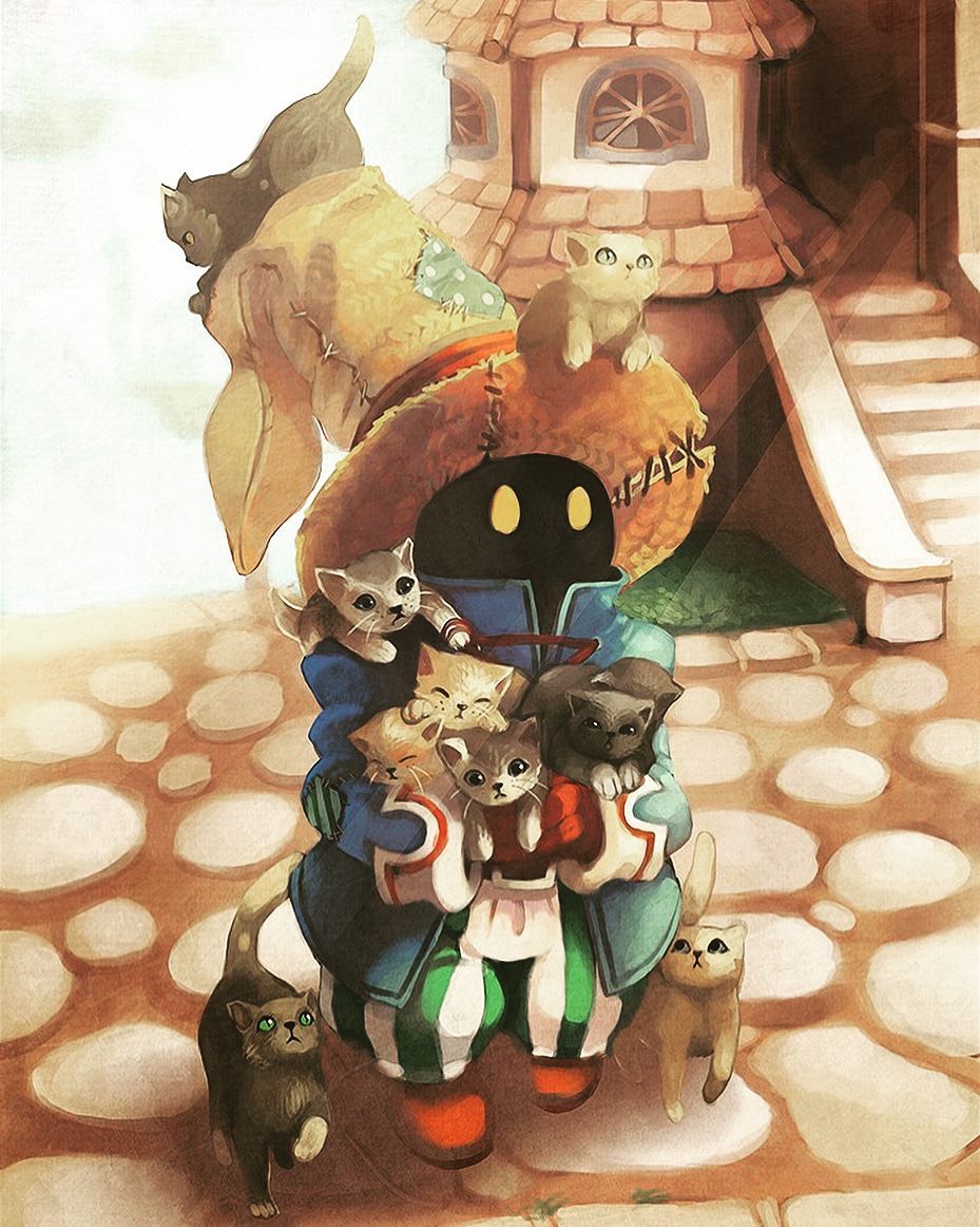 6+othets artist_request black_cat black_eyes black_mage cat cat_focus final_fantasy full_body green_eyes hat holding holding_cat house long_sleeves looking_at_viewer pants square_enix stairs standing striped striped_pants third-party_source too_many too_many_cats vertical-striped_pants vertical_stripes vivi_(final_fantasy) white_cat witch_hat yellow_eyes