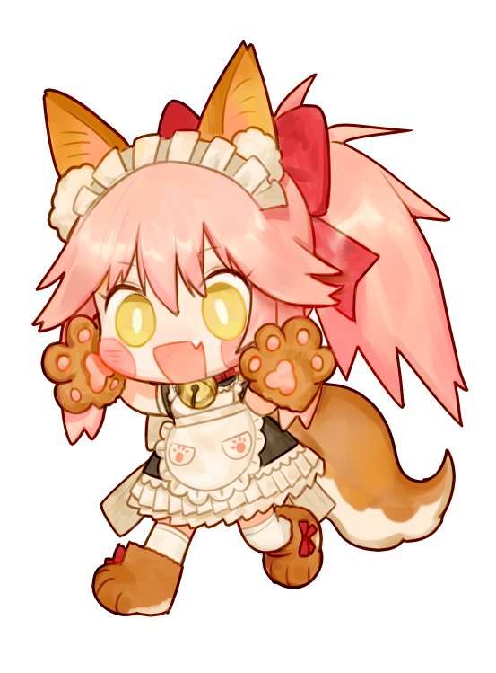 :d animal_ear_fluff animal_ears apron bell blush_stickers bow bright_pupils eyebrows_visible_through_hair fang fate/grand_order fate_(series) fox_ears fox_tail gloves hair_bow hands_up jingle_bell maid_apron maid_headdress neck_bell open_mouth paw_boots paw_gloves paws red_bow rosette_(yankaixuan) simple_background smile standing tail tamamo_(fate)_(all) tamamo_cat_(fate) thigh-highs white_background white_legwear yellow_eyes