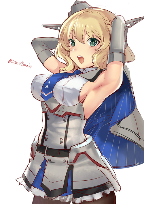 1girl black_legwear blonde_hair blue_eyes blue_neckwear breasts capelet colorado_(kantai_collection) commentary_request dress elbow_gloves garrison_cap gloves grey_capelet grey_dress grey_gloves grey_headwear hat headgear kantai_collection large_breasts looking_at_viewer necktie open_mouth pantyhose pleated_dress round_teeth shiozaki_zoe shirt short_hair side_braids sideboob simple_background sleeveless solo teeth upper_teeth white_background white_shirt