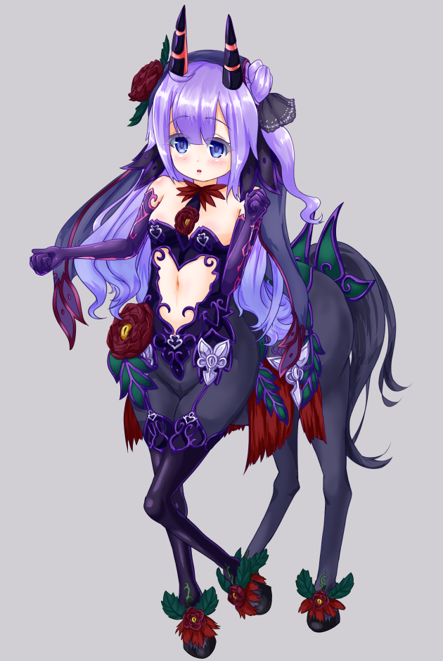 1girl :o ahoge azur_lane bangs bare_shoulders bicorn black_bow black_ribbon blush bow breasts centaur clenched_hands commentary_request elbow_gloves eyebrows_visible_through_hair flower full_body garter_straps gloves grey_background hair_between_eyes hair_bun hair_flower hair_ornament hana_yamakiri heart_cutout hooves horns horse_legs horse_tail leg_up leotard long_hair looking_at_viewer monster_girl monster_girl_encyclopedia monsterification navel navel_cutout one_side_up purple_gloves purple_hair purple_legwear purple_leotard red_flower red_rose ribbon rose side_bun sidelocks small_breasts solo standing strapless strapless_leotard tail thigh-highs unicorn_(azur_lane) violet_eyes