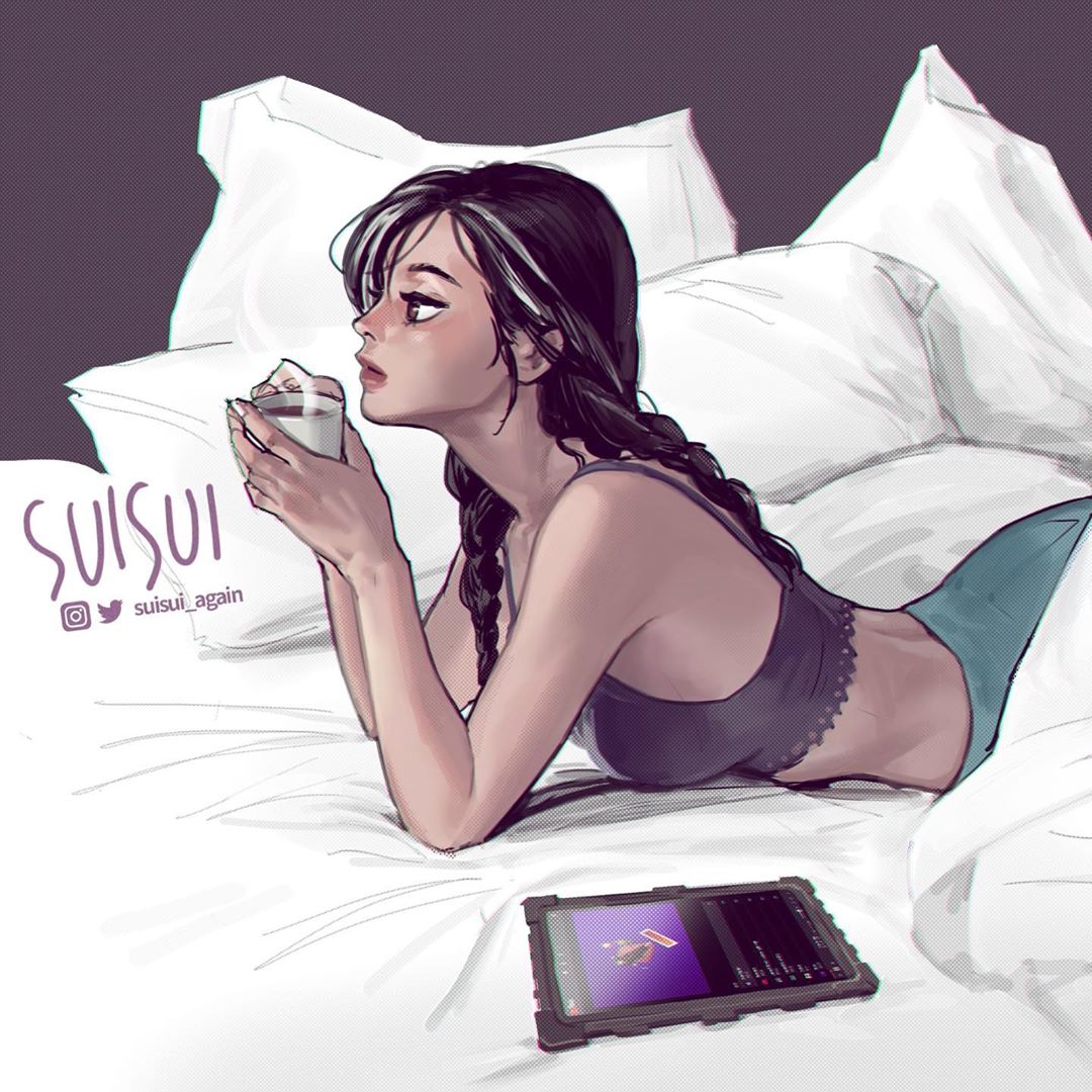 1girl ass bed_sheet black_hair braid breasts brown_hair camisole coffee coffee_mug cup grey_hair ipad lying medium_breasts medium_hair midriff mug multicolored_hair on_bed on_stomach original pants pillow solo spaghetti_strap streaked_hair suisui_again tablet_pc twin_braids twitter_username yoga_pants