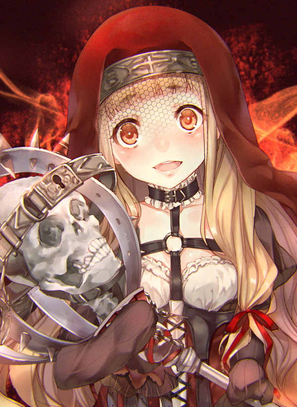 1girl bangs blonde_hair bone breasts choker collarbone hair_ribbon holding holding_staff keyhole little_red_riding_hood_(sinoalice) long_hair long_sleeves looking_at_viewer medium_breasts open_mouth orange_hair red_headwear red_ribbon ribbon sinoalice skeleton skull sleeves_past_fingers sleeves_past_wrists solo staff teroru upper_body veil