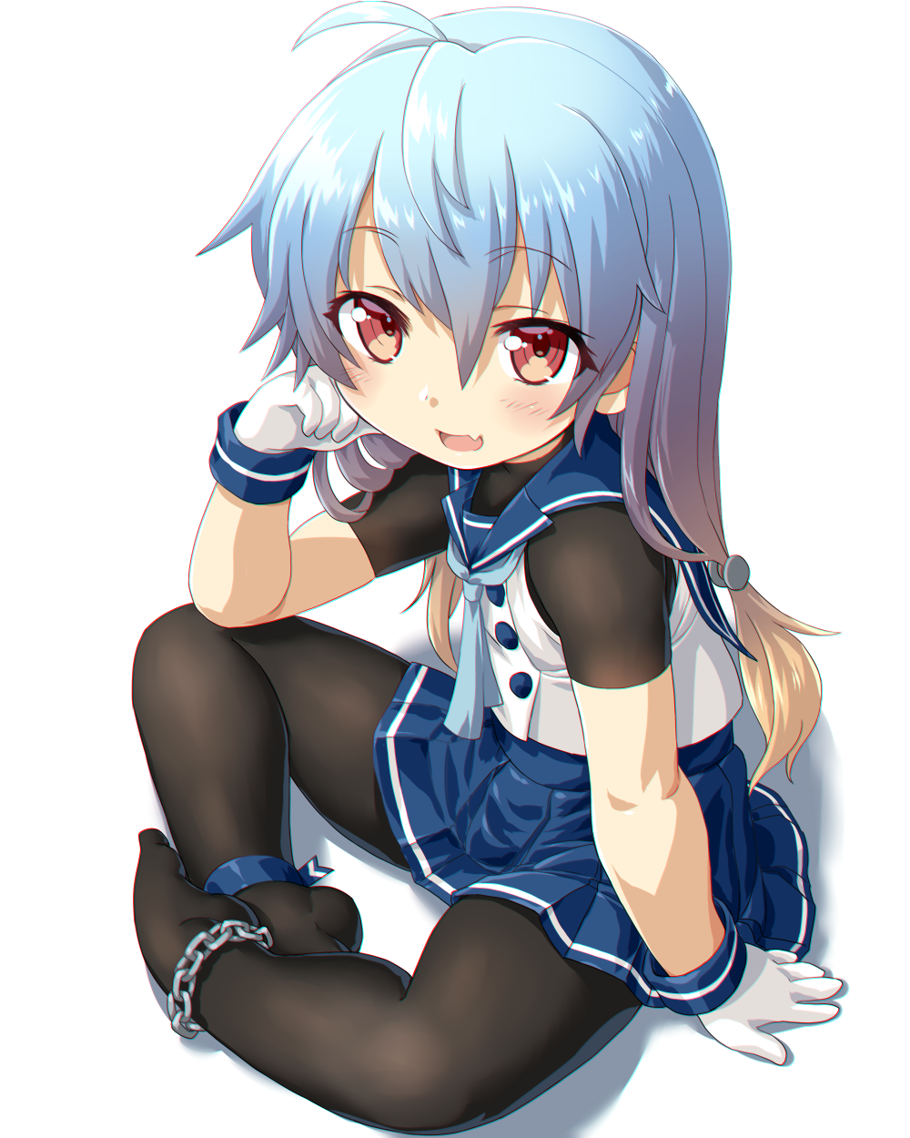 1girl ahoge bangs black_legwear blonde_hair blue_hair blue_neckwear blue_ribbon blue_sailor_collar blue_skirt blush buttons chain commentary_request dd_(ijigendd) eyebrows_visible_through_hair fang gloves gradient_hair hand_on_own_cheek highres kantai_collection long_hair looking_at_viewer multicolored_hair neckerchief pantyhose pleated_skirt red_eyes ribbon sado_(kantai_collection) sailor_collar shirt simple_background sitting skirt sleeveless sleeveless_shirt smile solo white_background white_gloves