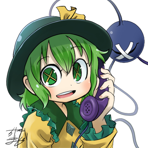 1girl avatar_icon bandaid black_headwear bow chamaji commentary_request eyeball eyebrows_visible_through_hair frilled_shirt_collar frilled_sleeves frills green_eyes green_hair hair_between_eyes hat hat_bow holding holding_phone komeiji_koishi looking_at_viewer lowres partial_commentary phone shirt short_hair sidelocks signature solo string symbol-shaped_pupils third_eye touhou upper_body white_background x_x yellow_bow yellow_shirt