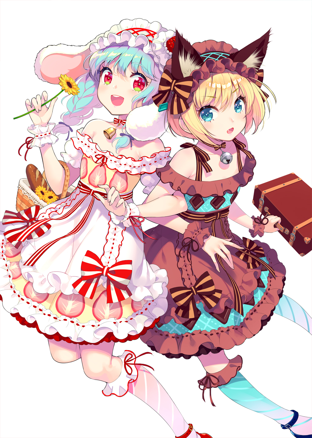 2girls :d animal_ear_fluff animal_ears bare_shoulders bell blonde_hair blue_eyes blue_hair blue_legwear bow braid brown_bow brown_dress brown_hairband cat_ears diagonal-striped_legwear diagonal_stripes dress fang flower food_themed_clothes frilled_dress frilled_hairband frills grey_legwear hairband highres holding holding_flower jingle_bell kneehighs looking_at_viewer multiple_girls nishimura_eri off-shoulder_dress off_shoulder open_mouth original puffy_short_sleeves puffy_sleeves rabbit_ears red_bow red_eyes round_teeth short_sleeves simple_background smile striped striped_bow suitcase teeth twin_braids upper_teeth white_background white_dress white_hairband yellow_flower