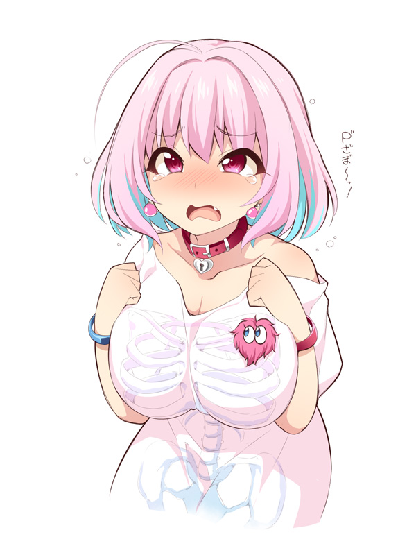 1girl ahoge bangs belt_collar blue_hair blush breasts collar collarbone eyebrows_visible_through_hair fang hair_intakes heart heart-shaped_lock heart_collar idolmaster idolmaster_cinderella_girls jewelry large_breasts multicolored_hair off-shoulder_shirt off_shoulder open_mouth pill_earrings pink_collar pink_eyes pink_hair pink_wristband red_collar shirt short_hair short_sleeves simple_background skeleton_print t-shirt tears translation_request two-tone_hair ushi white_background yumemi_riamu