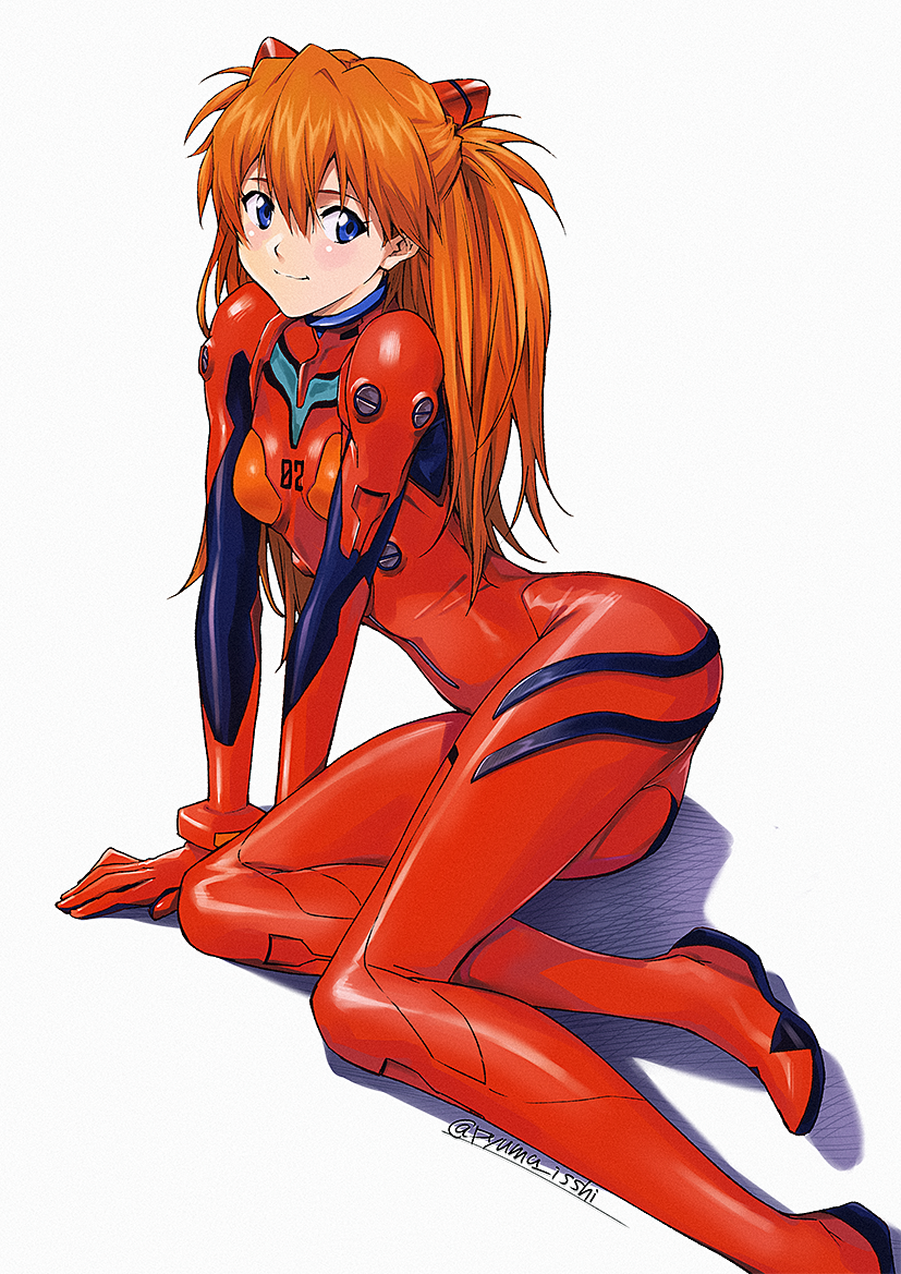 1girl arm_support ass bangs blue_eyes blush bodysuit breasts full_body hair_between_eyes hair_ornament interface_headset long_hair neon_genesis_evangelion orange_hair pilot_suit plugsuit puma_(hyuma1219) red_bodysuit shadow shiny shiny_clothes shiny_hair signature sitting small_breasts smile solo souryuu_asuka_langley twitter_username two_side_up white_background
