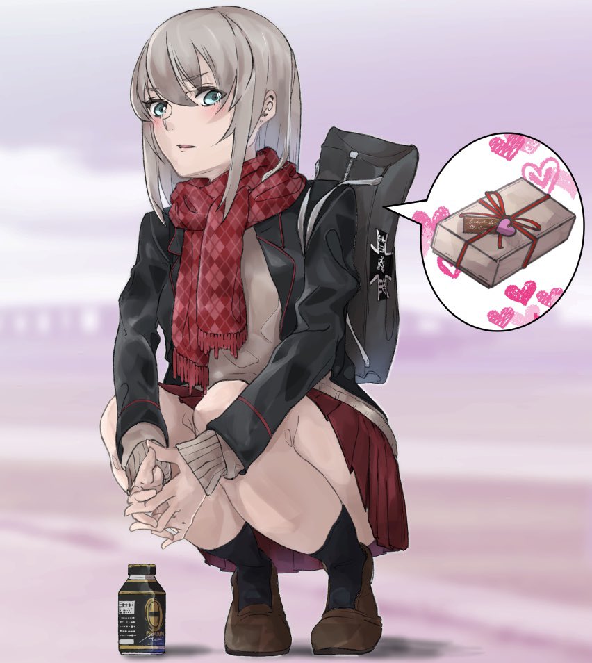 1girl argyle argyle_scarf bag bangs black_jacket black_legwear blue_eyes blurry blurry_background bottle brown_footwear brown_sweater carrying commentary day depth_of_field earrings eyebrows_visible_through_hair fringe_trim gift girls_und_panzer hands_together heart interlocked_fingers itsumi_erika jacket jewelry kuromorimine_military_uniform loafers long_sleeves looking_at_viewer medium_hair miniskirt outdoors parted_lips pleated_skirt print_scarf red_scarf red_skirt scarf school_bag shoes silver_hair skirt socks solo speech_bubble squatting stud_earrings sweater wani02 winter_uniform