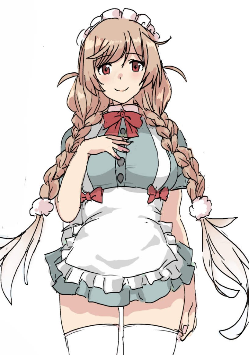 1girl alternate_costume apron braid breasts cloud_hair_ornament dora_v_nu dress enmaided frilled_apron frills gradient_hair grey_dress kantai_collection large_breasts light_brown_hair long_hair looking_at_viewer low_twin_braids maid minegumo_(kantai_collection) multicolored_hair red_eyes red_neckwear simple_background solo standing suspenders thigh-highs twin_braids white_apron white_background white_legwear