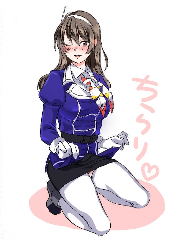 1girl ashigara_(kantai_collection) bangs belt black_belt black_skirt blush breasts brown_eyes brown_hair eyebrows_visible_through_hair full_body gloves hairband heart horned_headwear kantai_collection kneeling long_sleeves military military_uniform multicolored_neckwear one_eye_closed open_mouth remodel_(kantai_collection) shishanmo simple_background skirt solo thigh-highs uniform white_background white_gloves white_hairband white_legwear