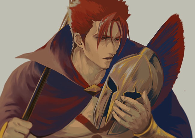 1boy bangs cape fate/grand_order fate_(series) helmet holding holding_helmet iduhara_jugo leonidas_(fate/grand_order) looking_to_the_side male_focus muscle open_mouth polearm redhead spear tattoo upper_body weapon