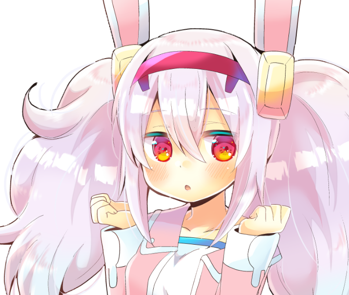 1girl :o animal_ears azur_lane bangs blush breasts camisole collarbone commentary_request eyebrows_visible_through_hair hair_between_eyes hair_ornament hairband hands_up jacket kouu_hiyoyo laffey_(azur_lane) long_hair long_sleeves open_clothes open_jacket parted_lips pink_hair pink_jacket rabbit_ears red_eyes red_hairband sidelocks simple_background small_breasts solo twintails upper_body white_background white_camisole