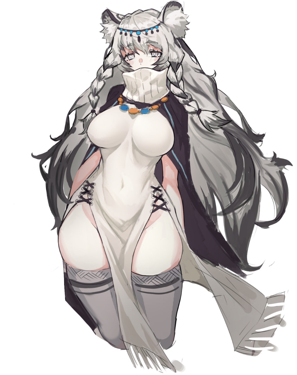 1girl animal_ears arknights arms_at_sides braid breasts bright_pupils covered_navel cowboy_shot dress expressionless eyebrows_visible_through_hair grey_eyes grey_hair grey_legwear highres impossible_clothes impossible_dress large_breasts long_hair looking_at_viewer pelvic_curtain pramanix_(arknights) shawl solo tail thigh-highs turtleneck twin_braids very_long_hair wtcolor