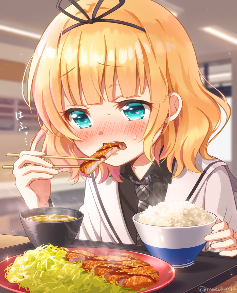 1girl aqua_eyes bangs black_shirt blazer blonde_hair blunt_bangs blurry blurry_background blush bowl cabbage chopsticks commentary_request eating gochuumon_wa_usagi_desu_ka? grey_neckwear jacket katsu_(food) kirima_sharo long_sleeves miso_soup mozukun43 plaid_neckwear plate rice rice_bowl sailor_collar school_uniform shirt short_hair solo sweat tedeza_rize's_school_uniform tonkatsu translation_request tray wavy_hair white_jacket