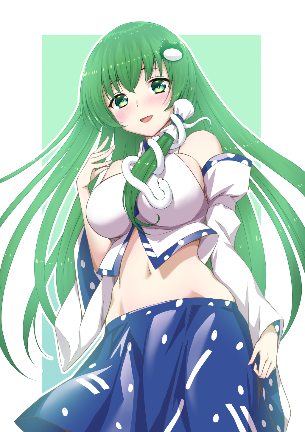 1girl :d arm_at_side bangs bare_shoulders blue_skirt blush breasts detached_sleeves eyebrows_visible_through_hair frog_hair_ornament green_eyes green_hair grey_background hair_ornament hair_tubes highres kochiya_sanae kyo_(kyo21413) large_breasts long_hair long_sleeves looking_at_viewer medium_skirt midriff navel open_mouth shirt sideboob single_sidelock skirt smile snake_hair_ornament solo stomach straight_hair touhou two-tone_background very_long_hair white_background white_shirt wide_sleeves