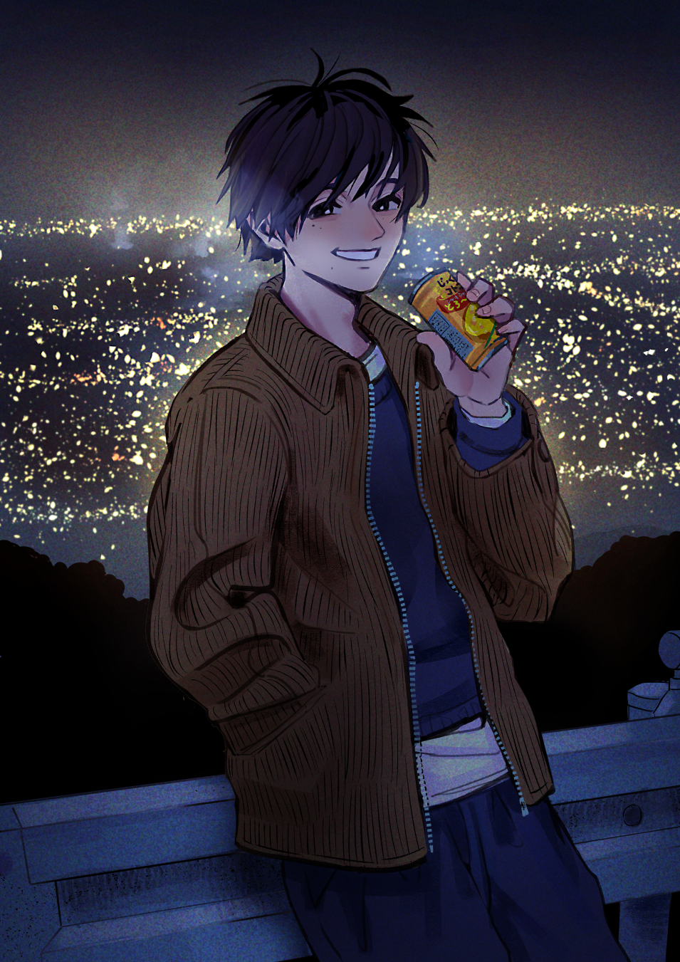 1boy black_eyes black_hair brown_jacket can corduroy_jacket cowboy_shot hand_in_pocket highres holding holding_can jacket leaning long_sleeves male_focus nashigaya_koyomi night original outdoors parted_lips short_hair smile solo