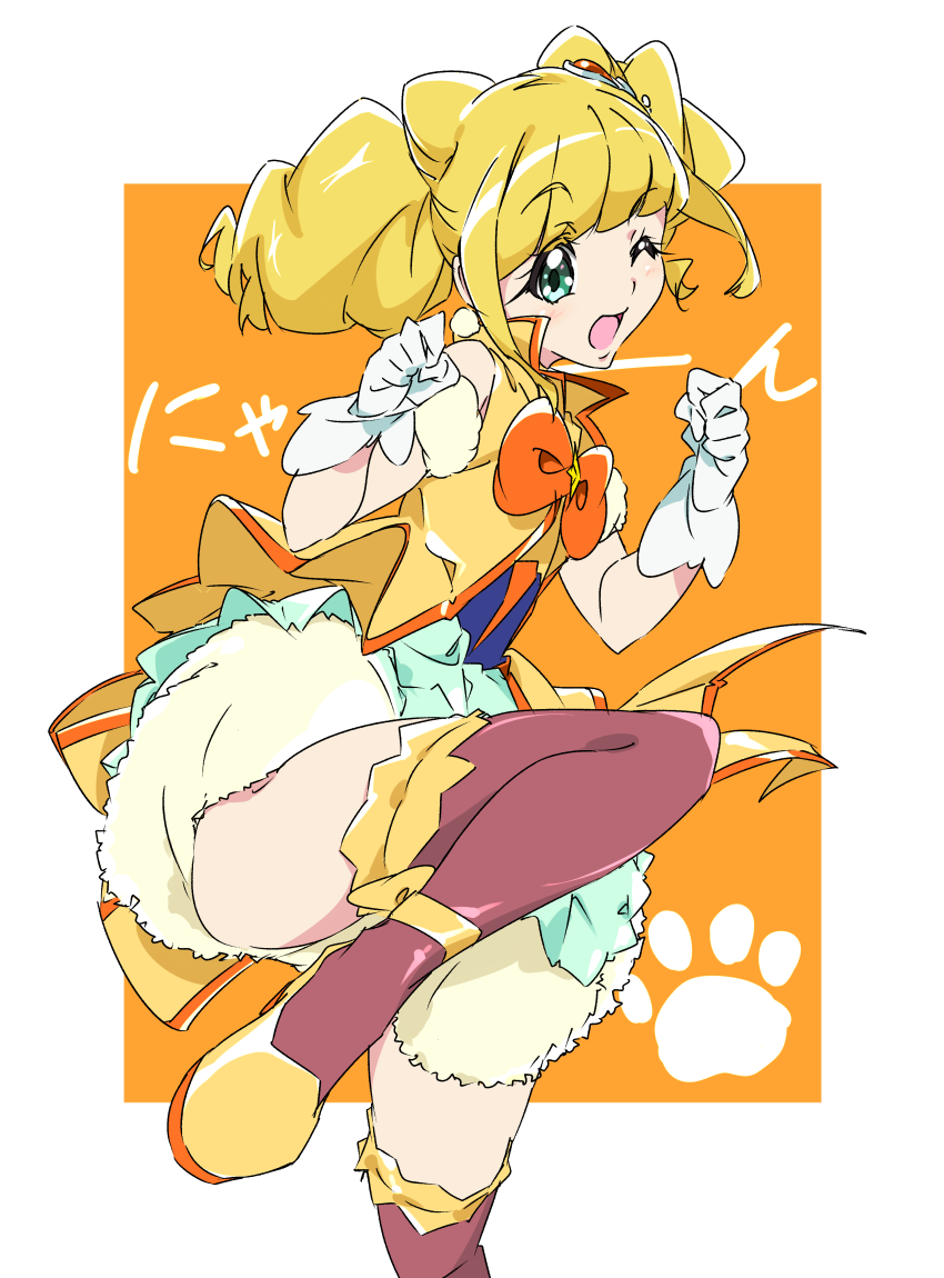 1girl ;d bangs blonde_hair blunt_bangs brown_legwear cure_sparkle eyebrows_visible_through_hair gloves green_eyes hands_up healin'_good_precure hiramitsu_hinata looking_at_viewer magical_girl one_eye_closed open_mouth orange_background precure short_hair smile solo standing standing_on_one_leg thigh-highs twintails umanosuke white_gloves