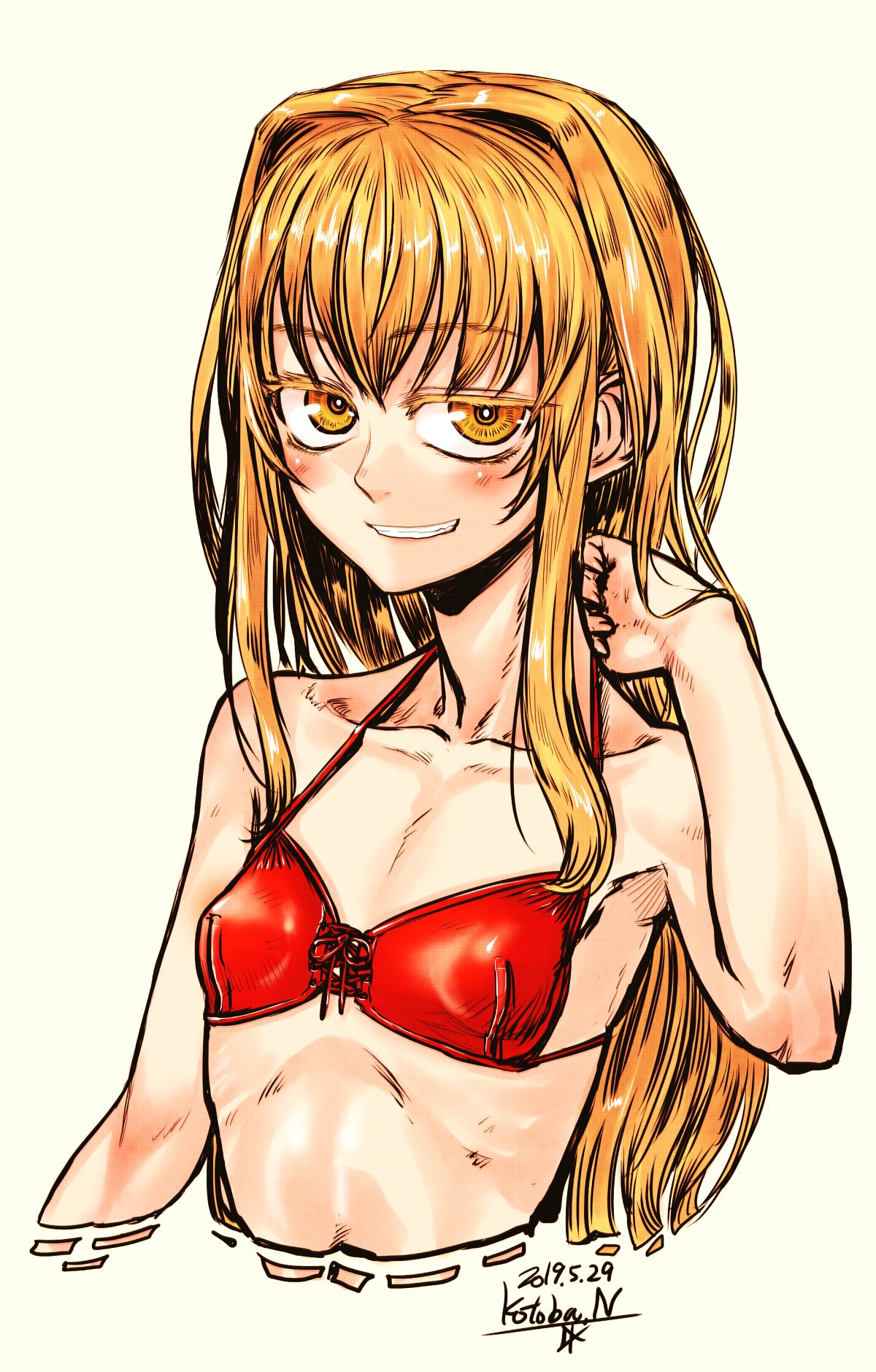 1girl bare_arms bare_shoulders blonde_hair blush covered_nipples cropped_torso dated eyebrows_visible_through_hair flat_chest hair_intakes halterneck hand_up highres kotoba_noriaki long_hair original signature simple_background skinny smile solo white_background yellow_eyes