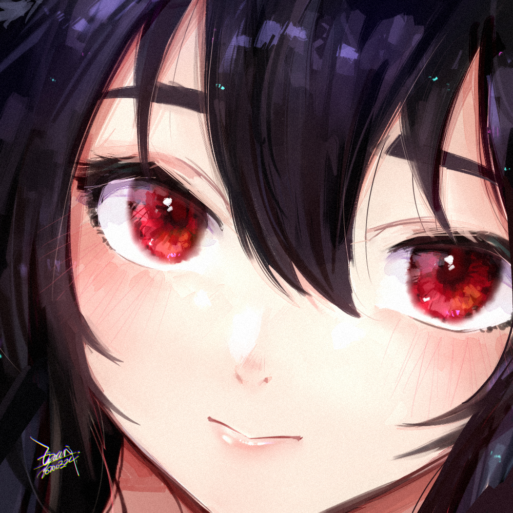 1girl animal_ears black_hair blush commentary_request dated ejami ekko_(ejami) face fox_girl hair_between_eyes looking_at_viewer original red_eyes signature solo