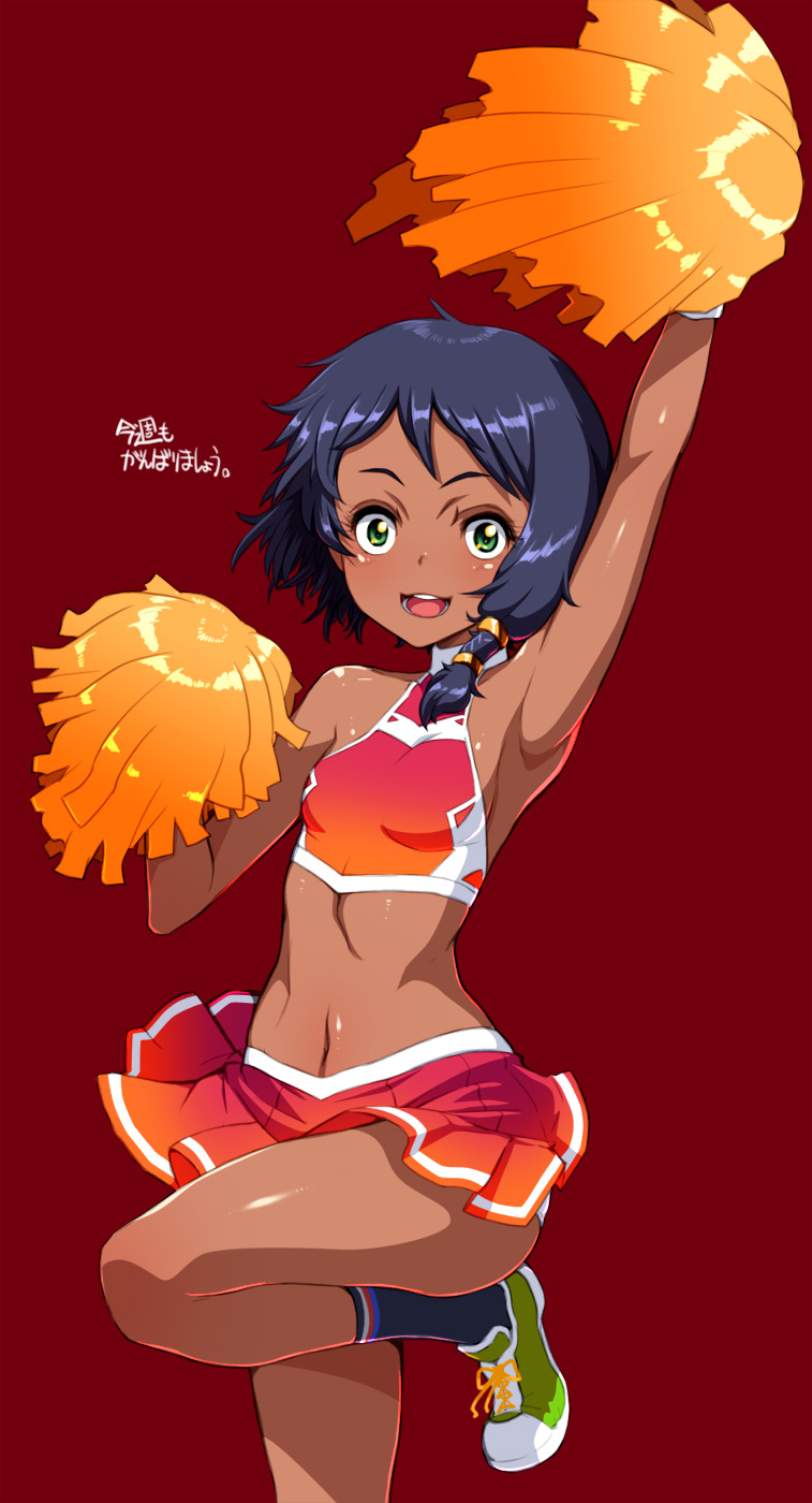 1girl alice_gear_aegis cheerleader crop_top dark_skin green_eyes highres layered_skirt looking_at_viewer open_mouth pom_poms purple_hair red_background shanti_rana shoes simple_background skirt smile sneakers socks solo tabigarasu translated