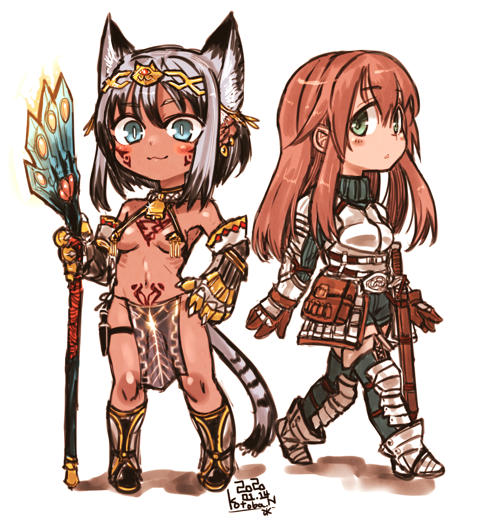 2girls :3 animal_ears bare_shoulders belt blue_eyes blush boots breastplate breasts brown_hair cat_ears cat_girl cat_tail chibi claws dark_skin dated diadem eyebrows_visible_through_hair faulds gauntlets greaves green_eyes grey_hair hair_ornament holding holding_staff kotoba_noriaki long_hair looking_at_viewer multiple_girls navel original parted_lips pelvic_curtain pigeon-toed pouch pubic_tattoo revealing_clothes scabbard sheath short_hair signature simple_background slit_pupils small_breasts staff sword tail tattoo walking weapon white_background