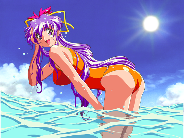 1990s_(style) 1girl artist_request ass bent_over dancing_blade day dripping hand_on_own_thigh hand_to_head long_hair momohime_(dancing_blade) official_art one-piece_swimsuit open_mouth orange_swimsuit outdoors purple_hair solo sun swimsuit violet_eyes wading water wet