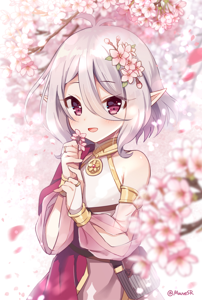 1girl :d alternate_color antenna_hair bangs bare_shoulders blurry blurry_background blurry_foreground blush bridal_gauntlets cherry_blossoms commentary_request depth_of_field detached_sleeves dress eyebrows_visible_through_hair flower hair_between_eyes hair_flower hair_ornament holding holding_flower kokkoro_(princess_connect!) korean_commentary long_sleeves looking_at_viewer mauve open_mouth petals pink_dress pink_flower pink_sleeves pointy_ears princess_connect! princess_connect!_re:dive puffy_long_sleeves puffy_sleeves red_eyes see-through see-through_sleeves silver_hair sleeveless sleeveless_dress smile solo tree_branch twitter_username upper_body