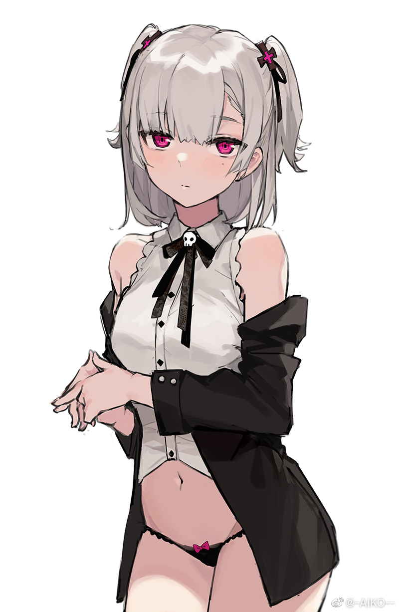 1girl aiko_(kanl) bare_shoulders black_jacket black_panties breasts buttons closed_mouth collared_shirt commentary_request cowboy_shot crop_top dress_shirt expressionless grey_hair grey_shirt groin hair_ribbon highres jacket looking_at_viewer medium_hair mole mole_under_eye navel no_pants off_shoulder open_clothes open_jacket original own_hands_together panties red_eyes ribbon sanpaku shirt simple_background sleeveless sleeveless_shirt small_breasts solo stomach tana_(aiko) thighs two_side_up underwear white_background