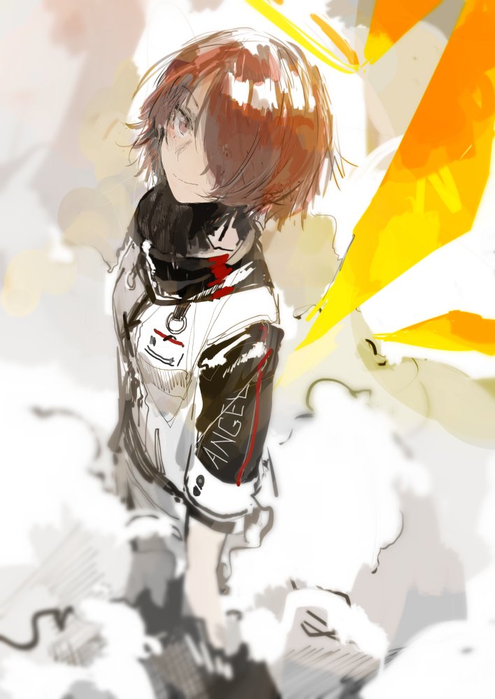 1girl arknights bangs blush brown_eyes clothes_writing custom_(cus-tom) energy_wings exusiai_(arknights) eyebrows_visible_through_hair hair_over_one_eye halo id_card jacket redhead smile smoke solo wings