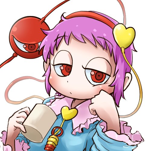 1girl avatar_icon blouse blush chamaji clenched_hand close-up coffee_mug commentary_request cup eyebrows_visible_through_hair frills hand_on_own_cheek headband heart holding holding_cup jitome komeiji_satori long_sleeves looking_at_viewer lowres mug partial_commentary pink_hair raised_eyebrows red_eyes short_hair signature simple_background solo string third_eye touhou upper_body white_background wide_sleeves