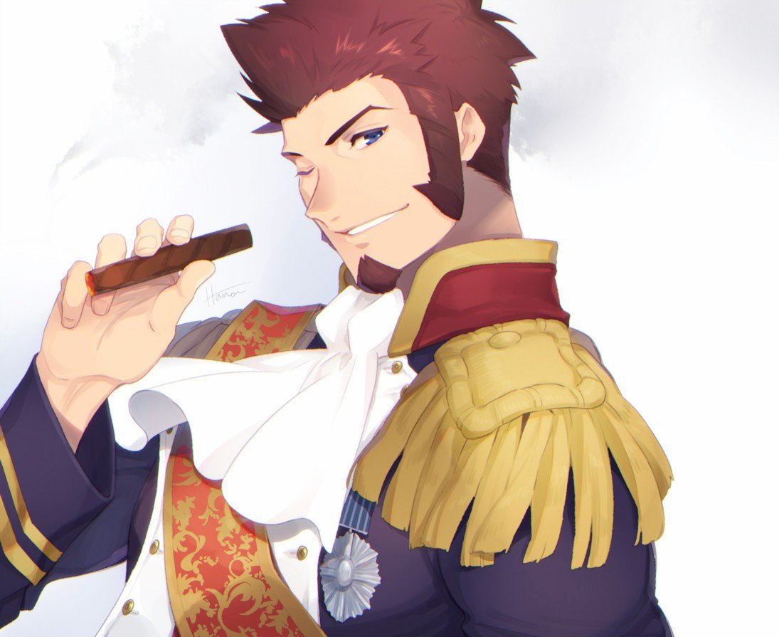 1boy beard blue_eyes brown_hair cigar epaulettes facial_hair fate/grand_order fate_(series) from_side hanon_ssk long_sleeves looking_at_viewer male_focus military military_uniform napoleon_bonaparte_(fate/grand_order) necktie one_eye_closed sash simple_background smile smoking solo uniform upper_body