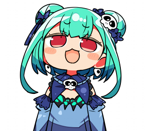 1girl :d bangs blue_dress blue_sleeves blush_stickers chibi commentary_request detached_sleeves double_bun dress earrings eyebrows_visible_through_hair green_hair hair_ornament hololive jewelry kanikama long_hair lowres open_mouth red_eyes sidelocks simple_background skull_hair_ornament sleeveless sleeveless_dress smile solo upper_body uruha_rushia virtual_youtuber white_background