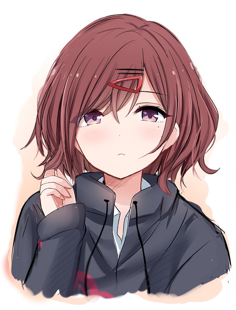 1girl black_hoodie brown_hair hair_ornament hairclip higuchi_madoka hood hood_down hoodie idolmaster idolmaster_shiny_colors long_sleeves mole mole_under_eye parted_lips shineka short_hair simple_background sketch solo upper_body violet_eyes white_background