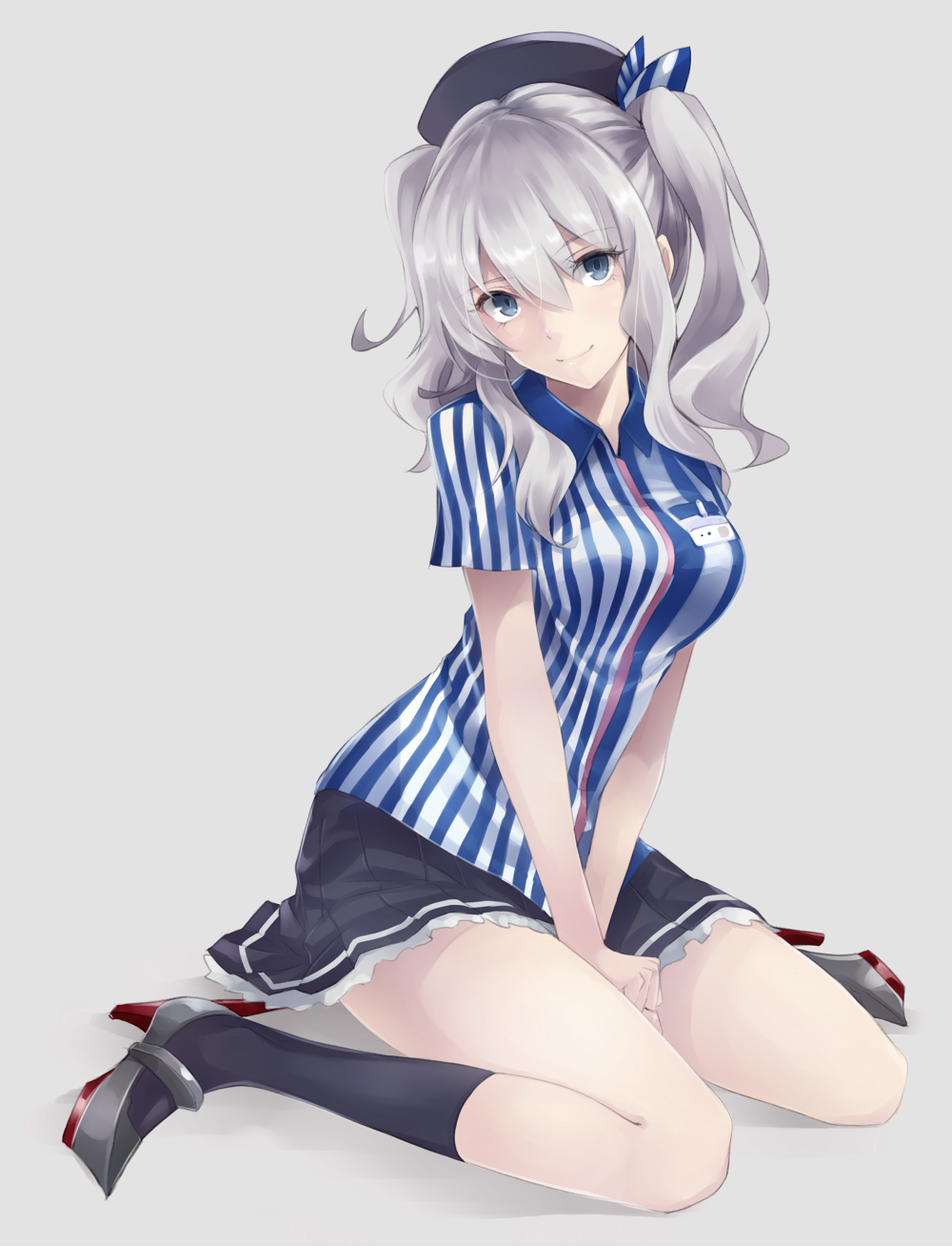 1girl beret blue_eyes commentary employee_uniform hat highres kantai_collection kashima_(kantai_collection) lawson long_hair looking_at_viewer pleated_skirt pokimari shirt sidelocks silver_hair sitting skirt smile solo striped transparent_background tsurime twintails uniform v_arms wariza wavy_hair