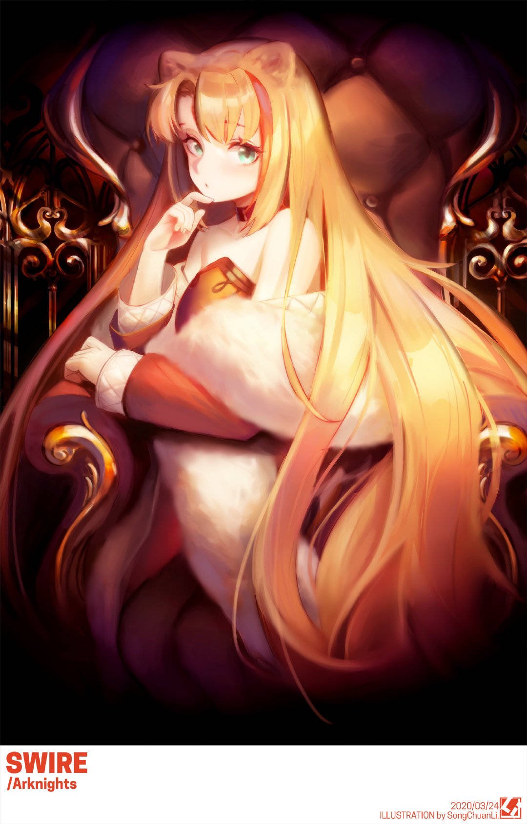 1girl animal_ears aqua_eyes arknights artist_name bangs bare_shoulders black_legwear blonde_hair blush breasts chair character_name choker closed_mouth copyright_name dress english_text eyelashes fur_scarf highres indoors long_hair long_sleeves looking_at_viewer off-shoulder_dress off_shoulder pantyhose parted_bangs red_dress sitting small_breasts solo songchuan_li straight_hair swire_(arknights) tiger_ears very_long_hair