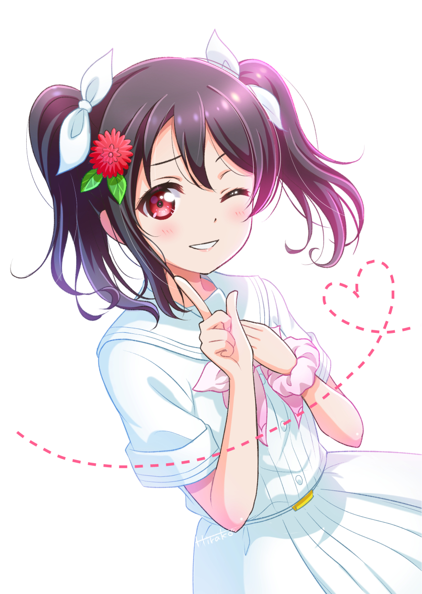 1girl a_song_for_you!_you?_you! artist_name bangs commentary_request dress flower grin hair_flower hair_ornament hair_ribbon hand_on_own_chest heart heart_of_string hirako index_finger_raised looking_at_viewer love_live! love_live!_school_idol_project neckerchief one_eye_closed pink_hair pink_scrunchie red_eyes red_flower ribbon sailor_dress scrunchie smile solo twintails white_background white_dress white_ribbon wrist_scrunchie yazawa_nico