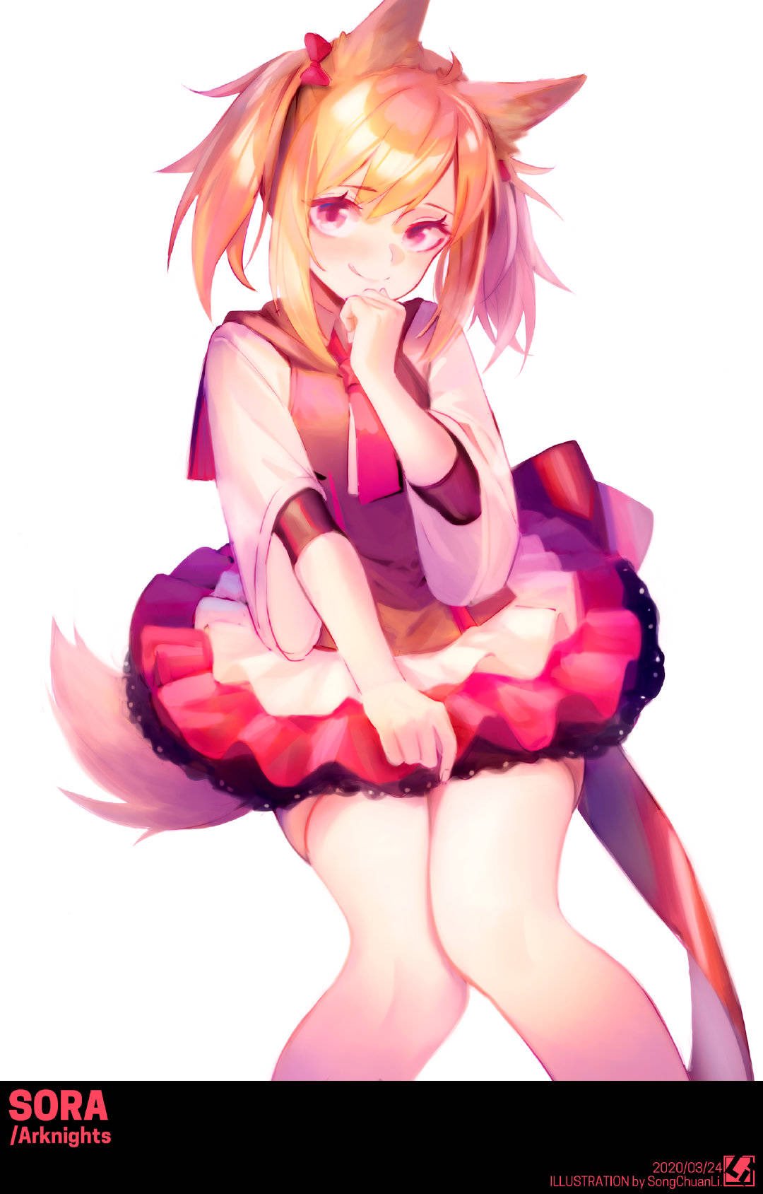 1girl ahoge animal_ears arknights artist_name blonde_hair bow breasts character_name copyright_name cowboy_shot dated english_text eyebrows_visible_through_hair eyelashes fox_ears fox_tail frilled_skirt frills hair_bow hand_to_own_mouth highres knees_together_feet_apart lace lace-trimmed_skirt large_bow licking_lips looking_at_viewer medium_hair pink_eyes pink_skirt shirt simple_background skirt small_breasts smile solo songchuan_li sora_(arknights) tail thighs tongue tongue_out twintails white_background white_shirt wide_sleeves