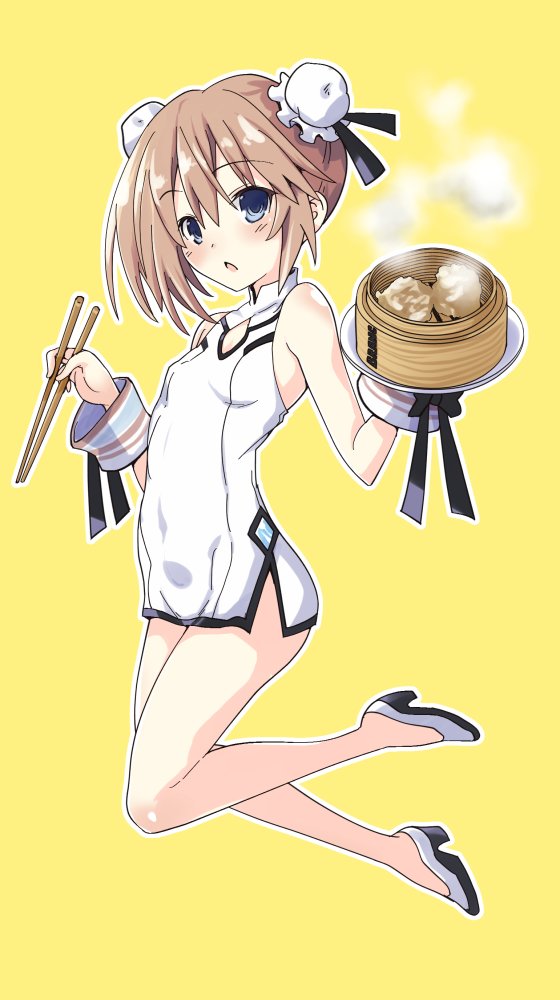 1girl bare_shoulders blanc blue_eyes blush breasts brown_hair china_dress chinese_clothes chopsticks dress food full_body holding holding_chopsticks iwasi-r looking_at_viewer neptune_(series) open_mouth popsicle short_hair simple_background small_breasts solo yellow_background