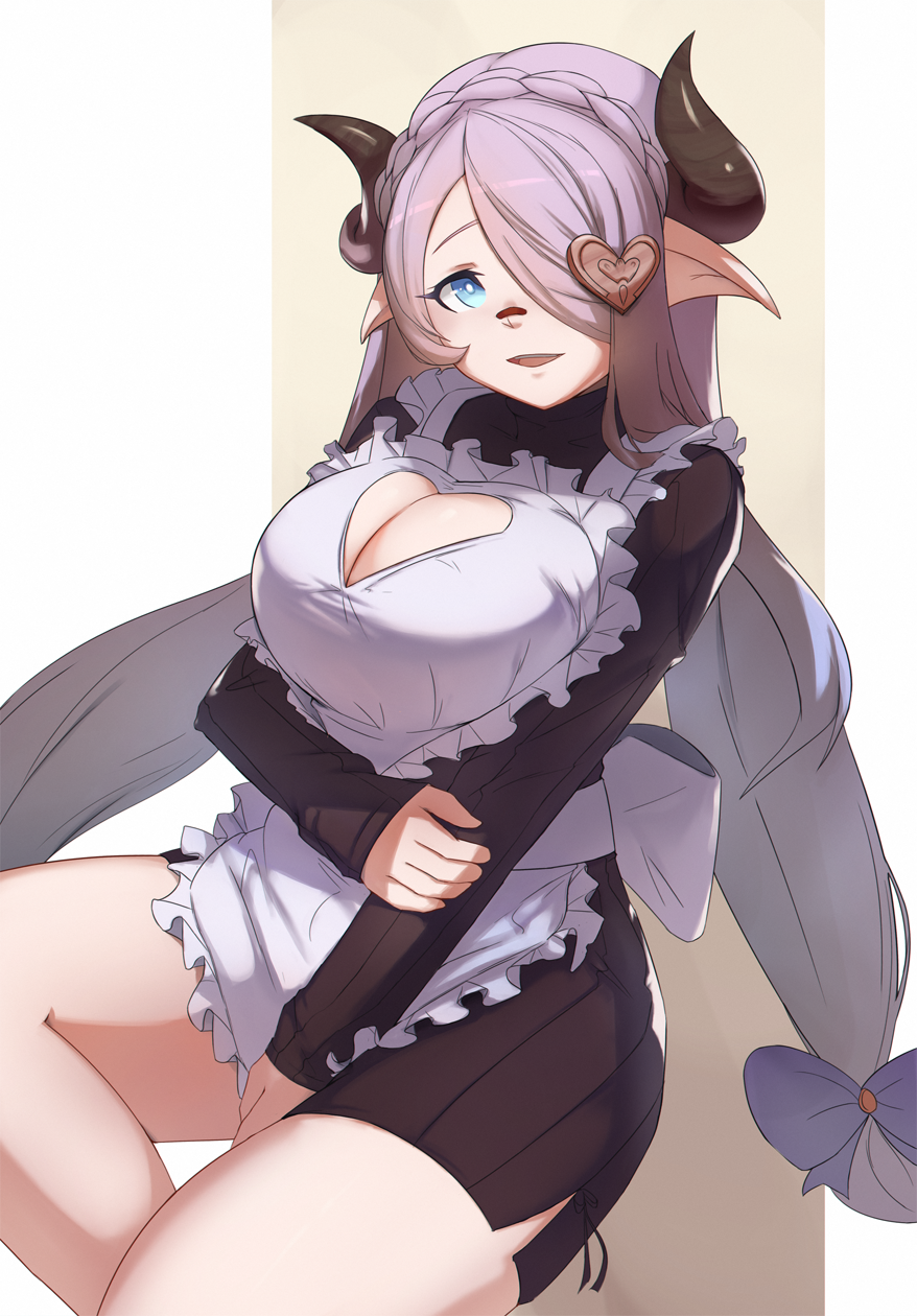 1girl alternate_costume apron bandaid bandaid_on_nose blue_bow blue_eyes bow braid breasts cleavage_cutout crown_braid draph dress enmaided frilled_apron frills granblue_fantasy hair_bow hair_ornament hair_over_one_eye heart heart_hair_ornament highres holding_arm horns invisible_chair kasseus_maximus large_breasts lavender_hair long_hair looking_at_viewer low-tied_long_hair low_tied_hair low_twintails maid narmaya_(granblue_fantasy) ribbed_sweater side_slit sitting smile solo sweater sweater_dress turtleneck turtleneck_sweater twintails white_apron white_background