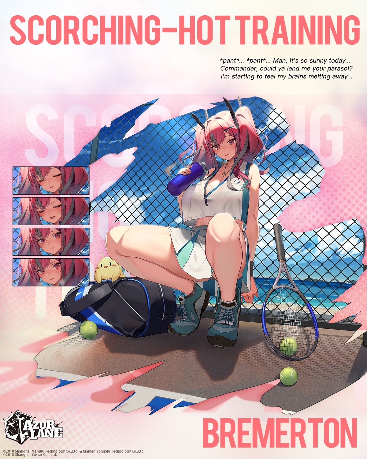 azur_lane ball beach bottle bremerton_(azur_lane) bremerton_(scorching-hot_training)_(azur_lane) chain-link_fence fence hair_intakes highres katsudansou manjuu_(azur_lane) mole mole_under_eye mountainous_horizon multicolored_hair ocean official_art racket shoes sneakers sportswear streaked_hair tennis tennis_ball tennis_court tennis_racket tennis_uniform water_bottle