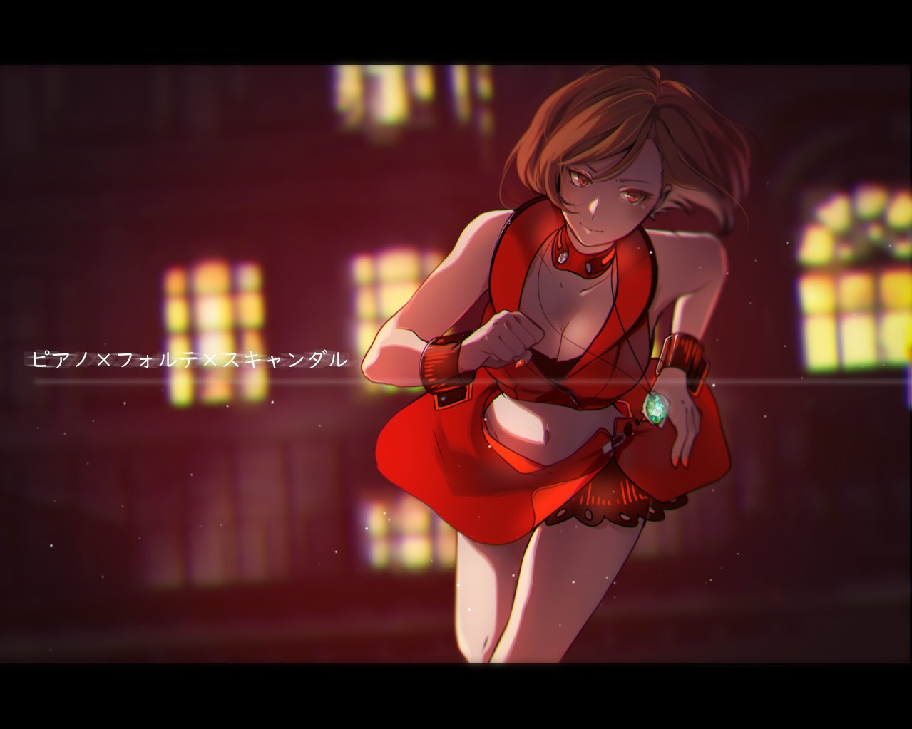 1girl bare_shoulders blurry blurry_background brown_hair collar commentary cowboy_shot crop_top jewelry meiko midriff miniskirt necklace night red_eyes red_shirt red_skirt running shirt short_hair skirt solo song_name vocaloid window wristband yen-mi