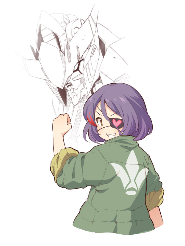 1girl bangs brown_eyes character_request clenched_hand cropped_torso eyebrows_visible_through_hair eyepatch green_jacket grin hair_between_eyes hand_up hayasaka_mirei heart idolmaster idolmaster_cinderella_girls jacket looking_at_viewer looking_back mecha multicolored_hair purple_hair redhead short_sleeves simple_background smile streaked_hair upper_body ushi v-shaped_eyebrows white_background