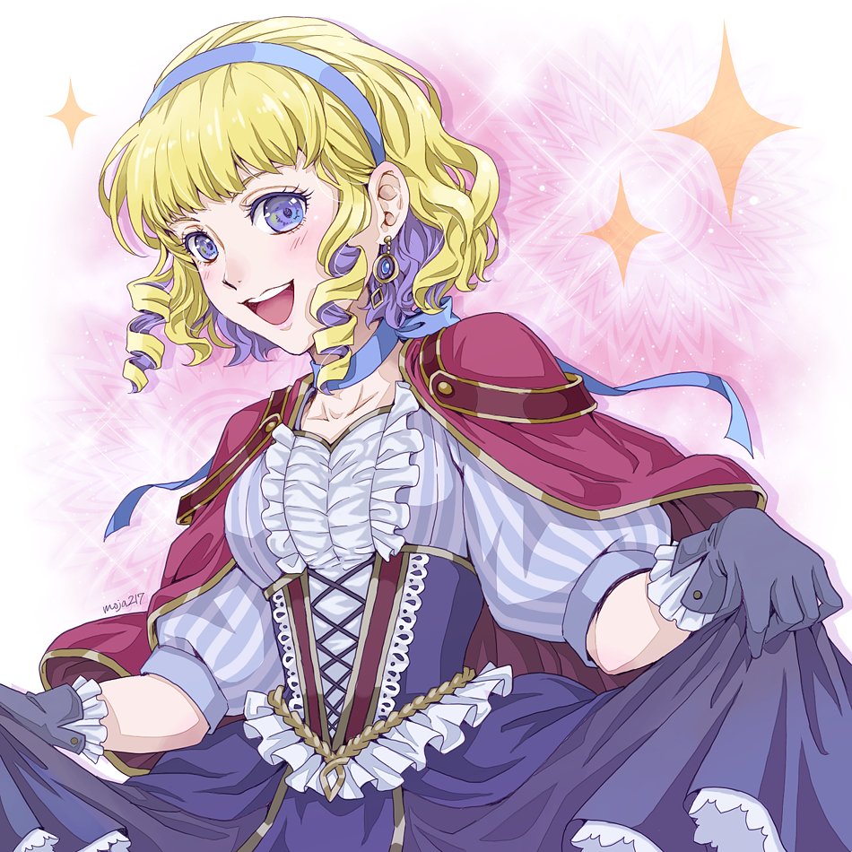 1girl alternate_costume artist_name blonde_hair blue_eyes blue_hairband constance_von_nuvelle dress earrings fire_emblem fire_emblem:_three_houses gloves hairband ichii_k jewelry multicolored_hair open_mouth purple_hair short_hair solo upper_body