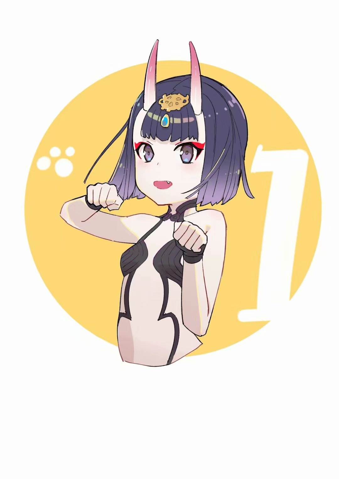 1girl :d breasts dan_evan diadem fang fate/grand_order fate_(series) hands_up highres looking_at_viewer open_mouth paw_pose paw_print purple_hair short_hair shuten_douji_(fate/grand_order) small_breasts smile solo upper_body violet_eyes wristband yellow_background